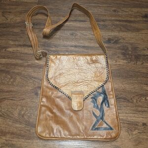 Brown Leather Crossbody Satchel Bag W/ Floral Desingn Liner.